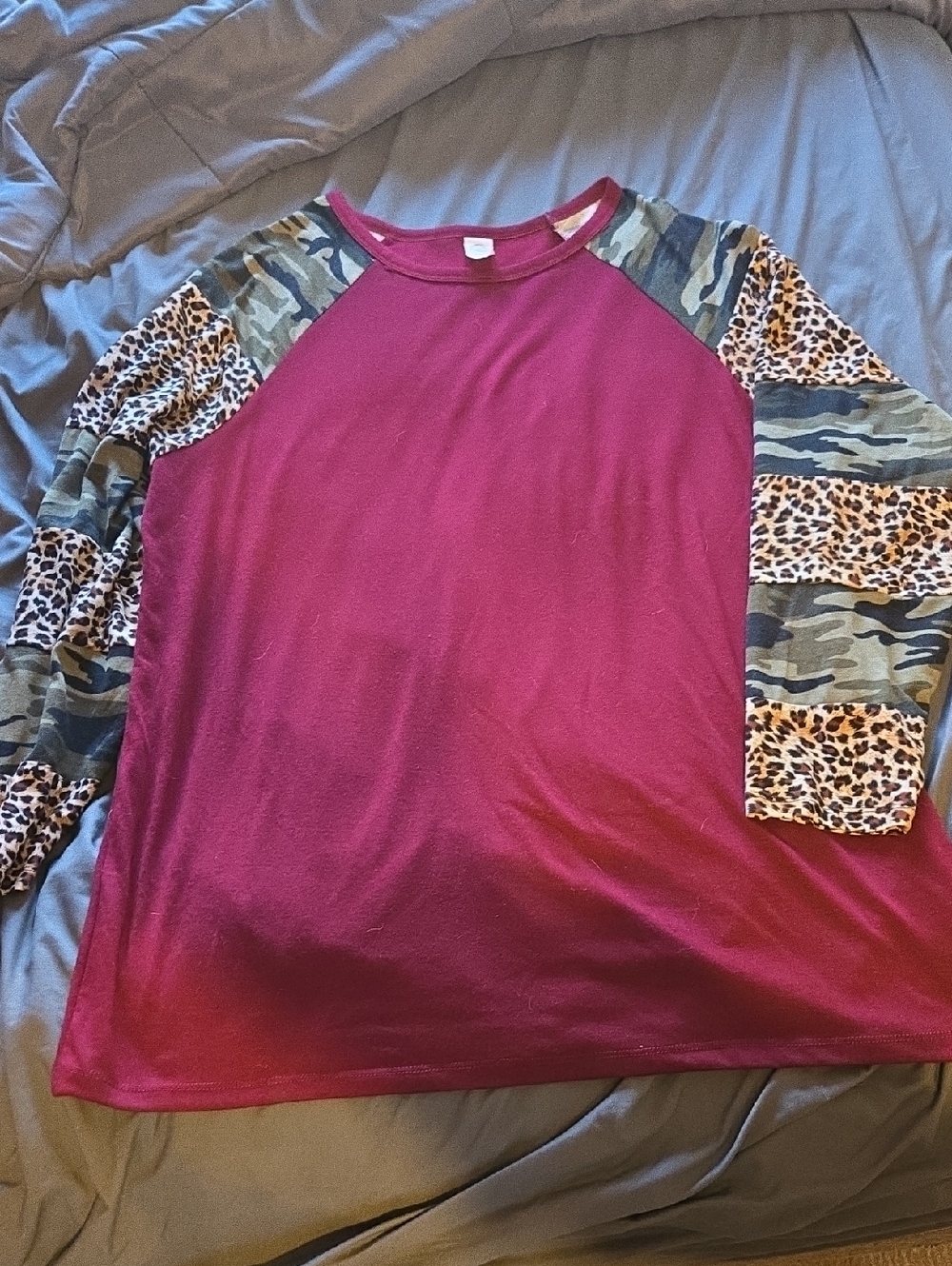 Burgundy Raglan Long-Sleeve Top with Camo & Leopard Sleeves